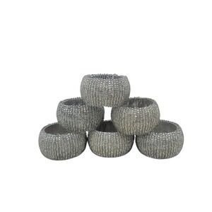 Set of 6 Silver Glass Beaded Napkin Rings Metallic Textured Table Decor